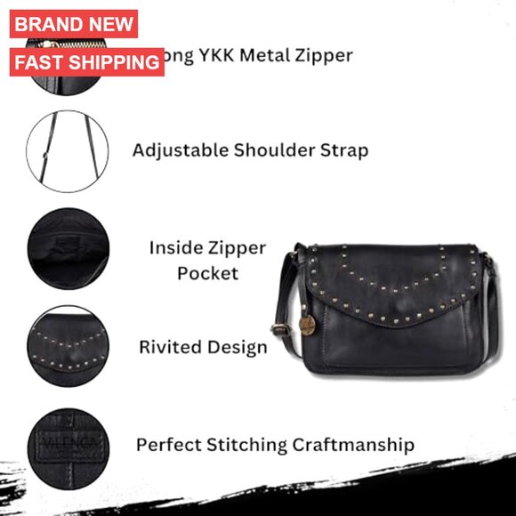 Italian Leather Crossbody Bag with Studs, Medium Size for Everyday Use - Picture 2 of 7